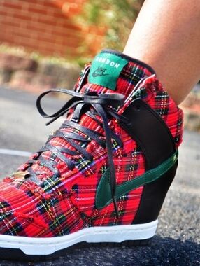 Nike  London Dunk Red Plaid Wedge Sneaker with Green Swoosh